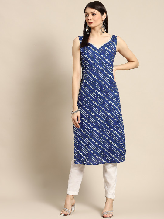 anayna Women Navy Blue & White Bandhani Printed Pure Cotton Gotta Patti Kurta