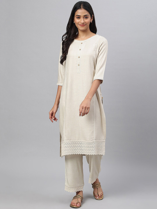AURELIA Women Beige Kurta with Trousers