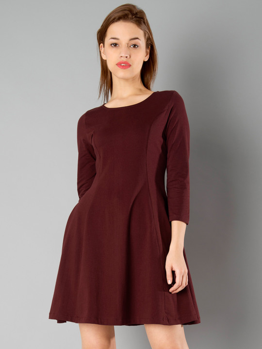 Women Maroon Solid Fit And Flare Dress S | Desertcart Aruba
