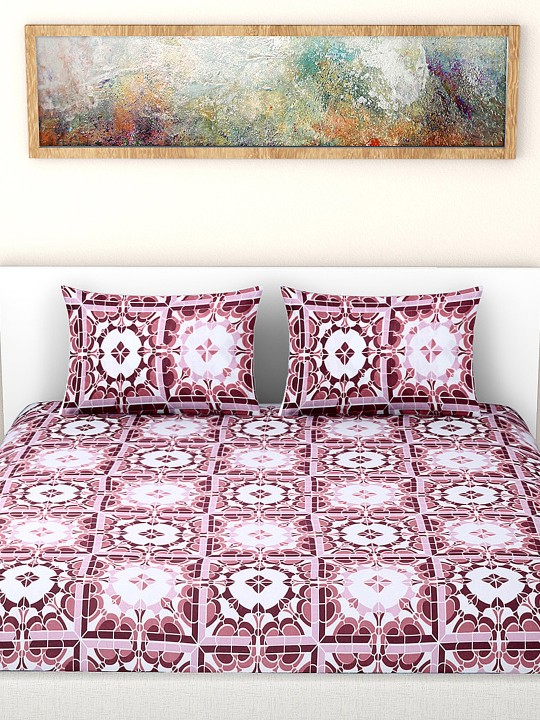 Essential Burgundy & Pink Cotton 104 TC Double Bedsheet With 2 Pillow Covers