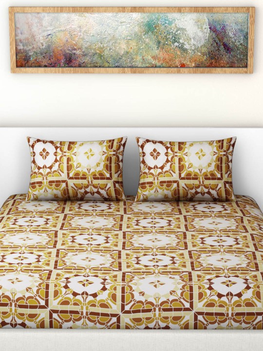 Yellow & Brown Cotton 104 TC Double Bed sheet With 2 Pillow Covers