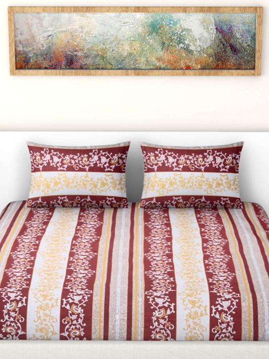 Maroon & Off-White Cotton 104 TC Double Bed sheet With 2 Pillow Covers