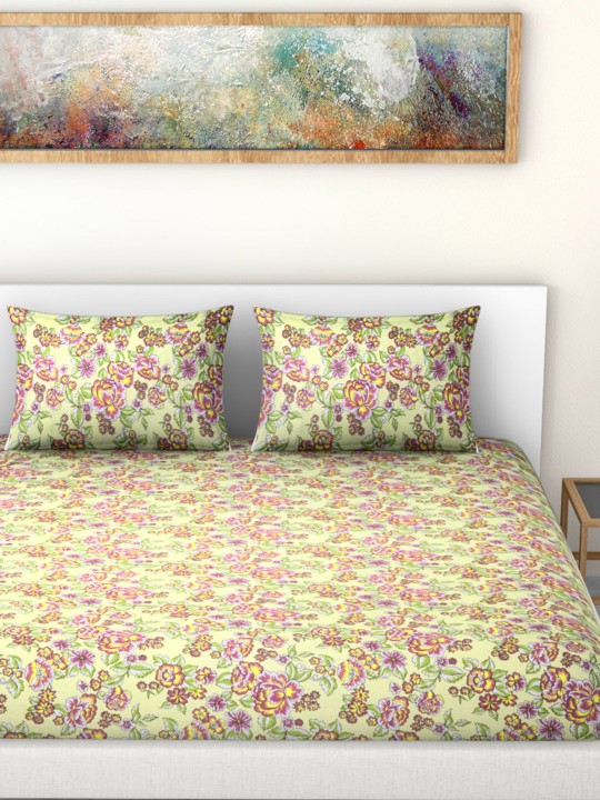 Light Green & Pink Cotton 104 TC Double Bedsheet With 2 Pillow Covers