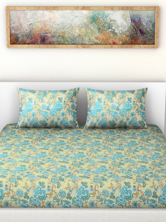 Essential Green & Blue Cotton 104 TC Double Bedsheet With 2 Pillow Covers