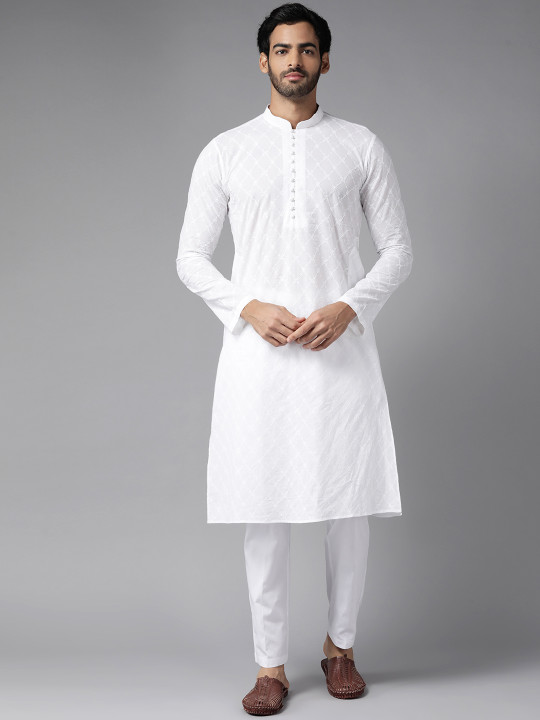 price history - Men White Ethnic Motifs Embroidered Chikankari Pure Cotton Kurta with Pyjamas