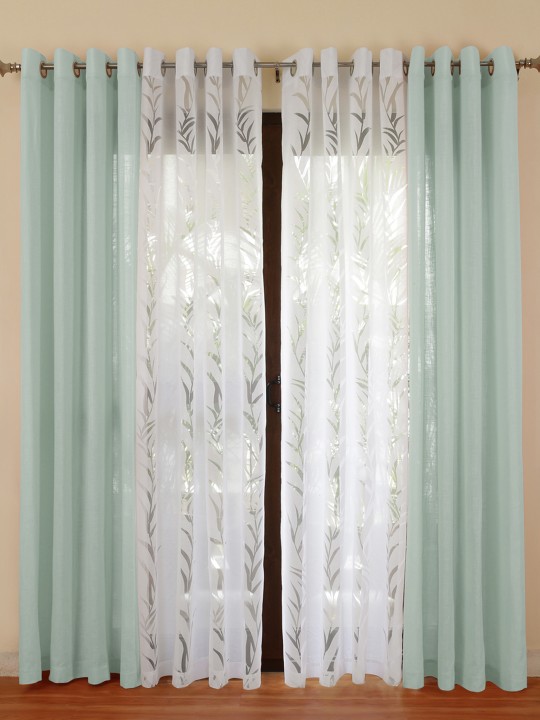 Green & White Set of 4 Door Curtains