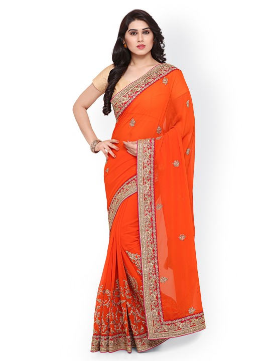 Orange Embroidered Pure Georgette Saree