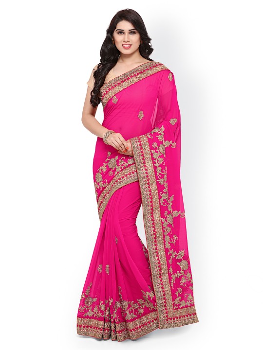 Pink Pure Georgette Embroidered Saree
