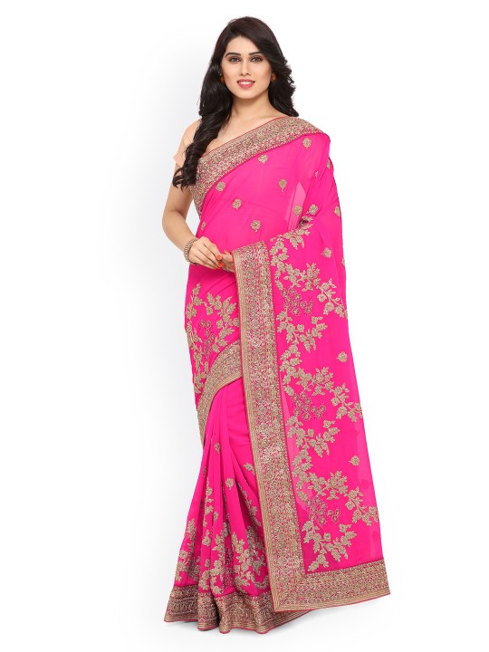 Pink & Red Pure Georgette Embroidered Saree
