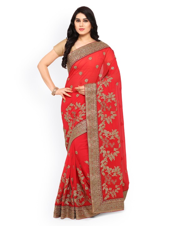 Red & Pink Pure Georgette Embroidered Saree
