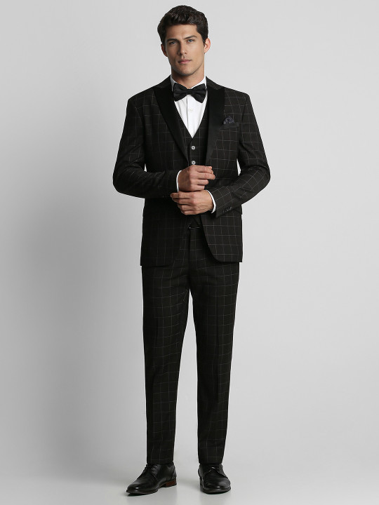 Peter England Elite Men Black Checked Slim-Fit Single-Breasted Formal Suit