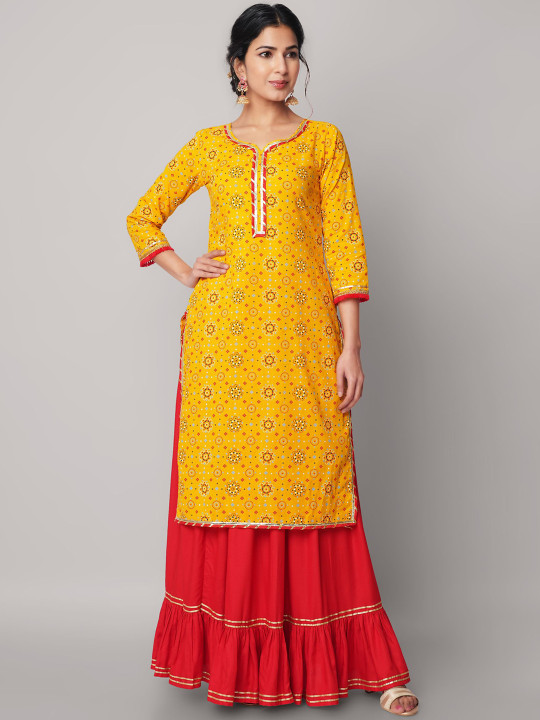 God Bless Women Yellow Ethnic Motifs Printed Gotta Patti Pure Cotton Kurta with Skirt