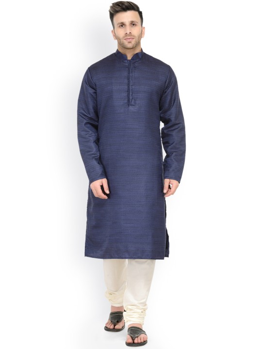 Men Blue & Beige Solid Kurta with Pyjamas S