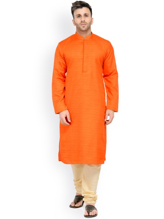 Men Orange & Beige Solid Kurta with Pyjamas S
