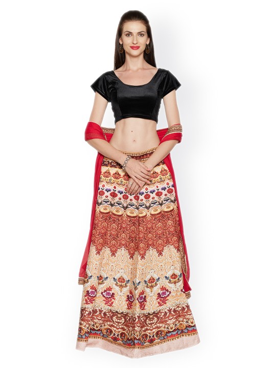 Beige & Red Pure Khadi Silk Semi-Stitched Lehenga Choli with Dupatta