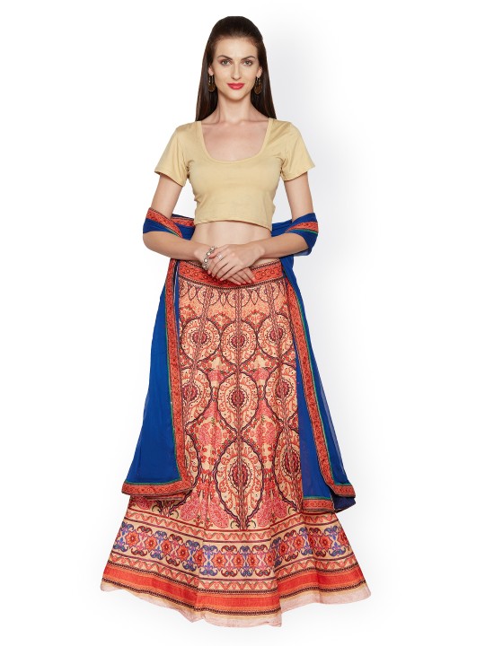 Beige & Blue Pure Khadi Silk Semi-Stitched Lehenga Choli with Dupatta