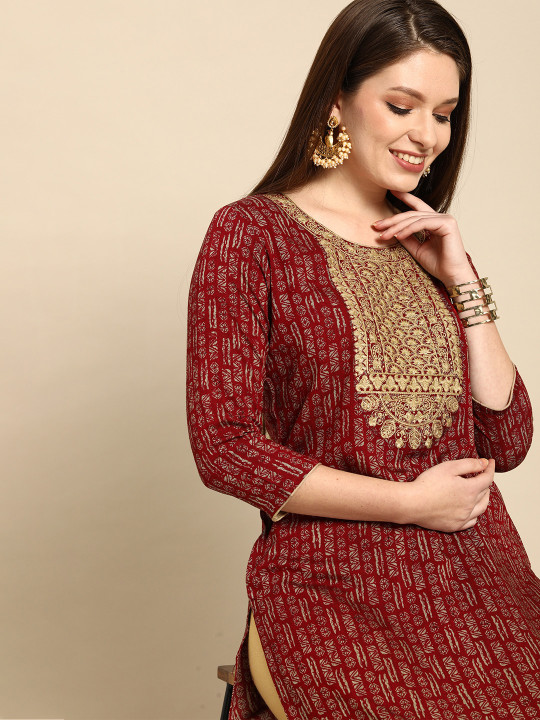 Anouk X fwd Women Maroon Ethnic Motifs Printed Thread Work Kurta