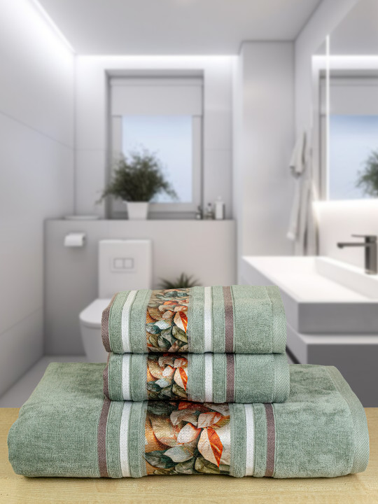 RANGOLI Oriental Set of 3 Green 100% Cotton Towel Set