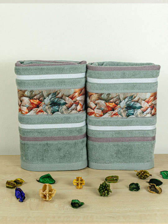 RANGOLI Set Of 2 Green Oriental 450 GSM Pure Cotton Hand Towel
