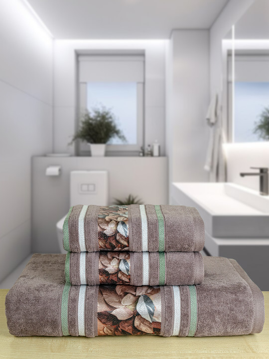 RANGOLI Pack Of 3 Brown Oriental 450 GSM Pure Cotton Towel Set