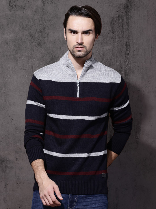 Roadster Men Navy Blue & Grey Striped Pullover