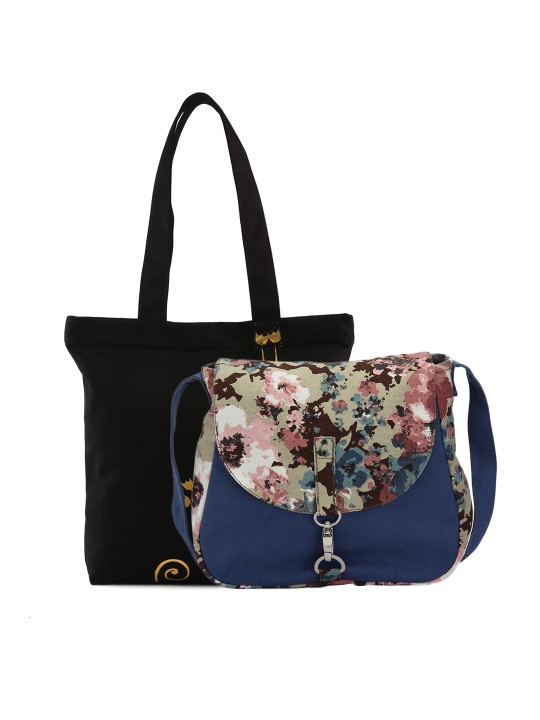 Black Printed Tote Bag with Sling Bag