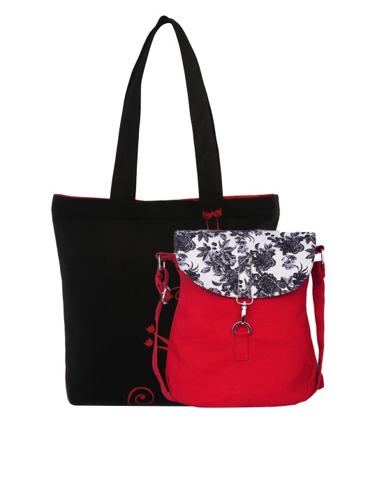 Black Printed Tote Bag with Sling Bag