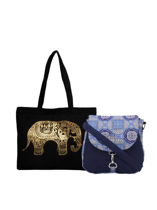 Black Elephant Print Shoulder Bag with Sling Bag