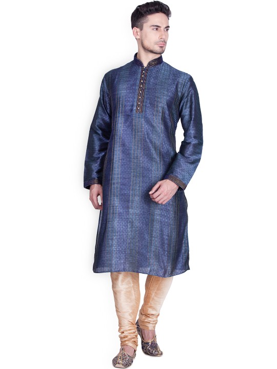 Men Blue & Beige Embroidered Kurta Pyjama M