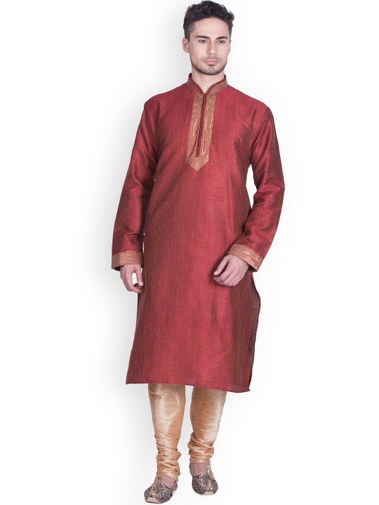 Men Red & Beige Self-Design Kurta Pyjama M