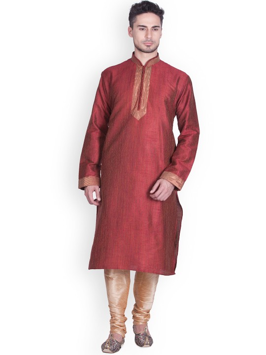 Men Maroon & Beige Self-Design Kurta Pyjama M