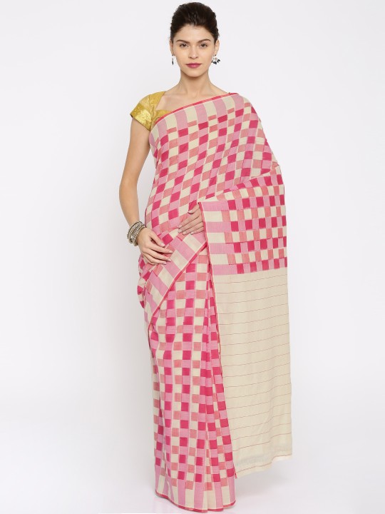 White & Pink Cotton Checked Pochampally Handloom Saree