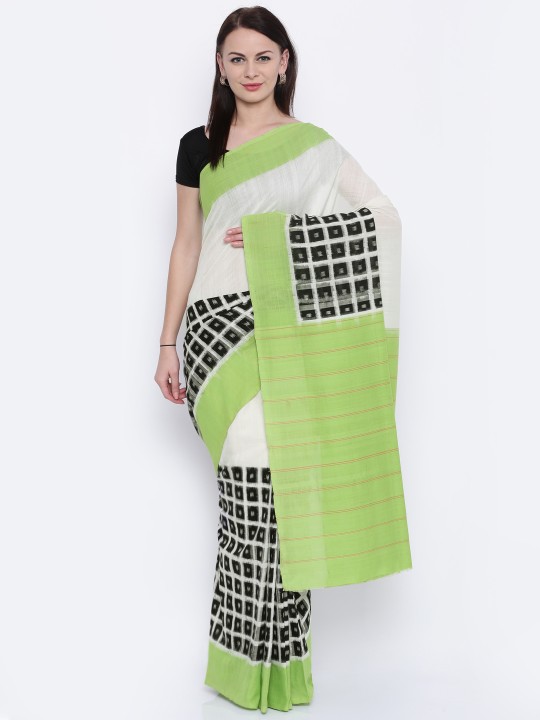 White & Black Pure Cotton Checked Pochampally Handloom Saree