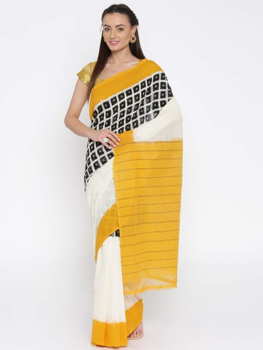 White & Black Pure Cotton Woven Design Pochampally Handloom Saree