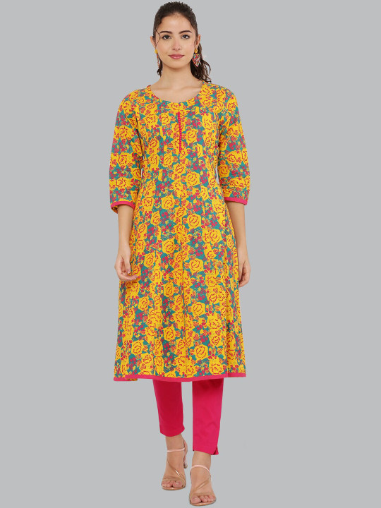 DEGE Women Yellow & Blue Floral Printed A-Line Kurta