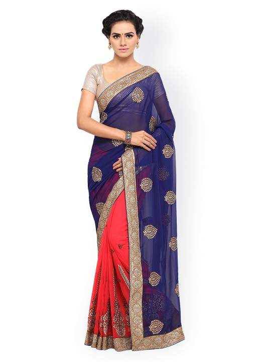 Blue & Red Pure Georgette Embellished Saree