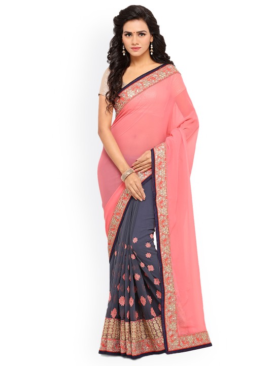 Peach-Coloured & Grey Pure Georgette Embroidered Saree