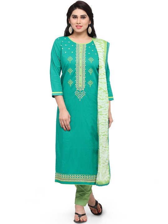 Teal Green Pure Cotton Embroidered Unstitched Dress Material