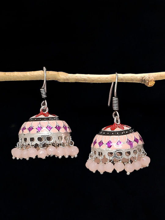 OOMPH Peach-Coloured & Silver-Toned Oxidised Dome Shaped Jhumkas Earrings