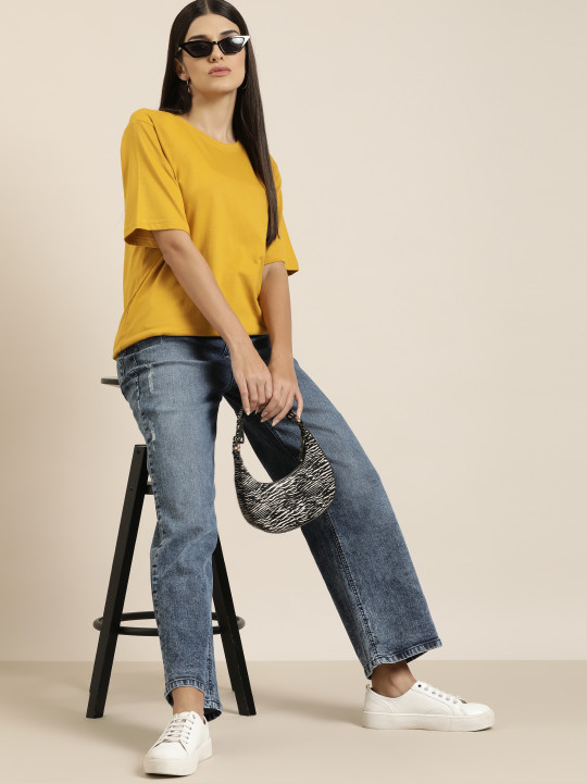 DILLINGER Women Mustard Yellow Solid Pure Cotton Oversized T-shirt