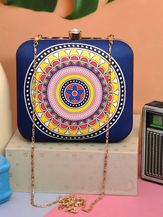 ARTKLIM Blue & Mustard Printed Box Clutch