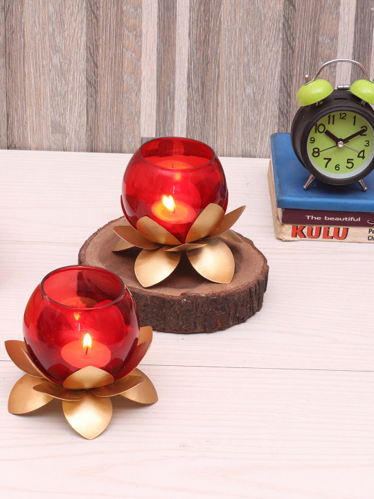 Amaya Decors Set of 2 Red Solid Tea-light Holders