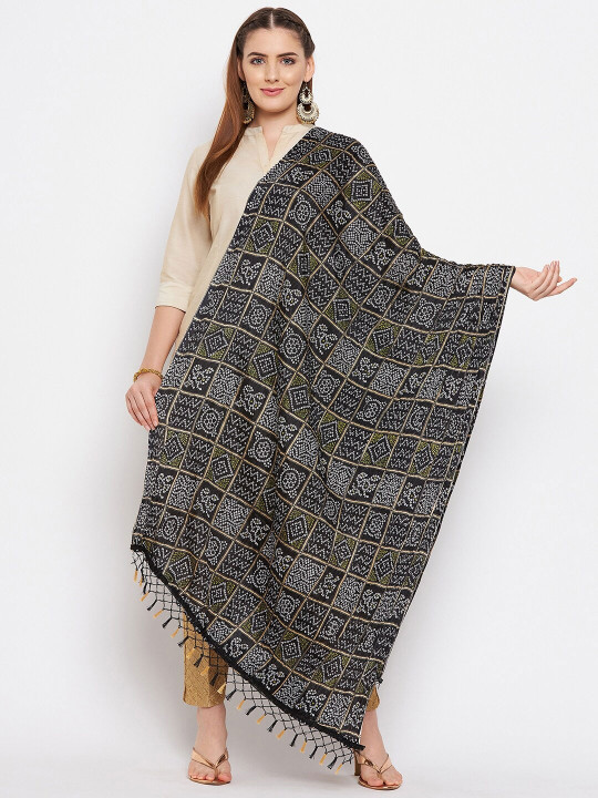Clora Creation Black & White Printed Bandhani Dupatta