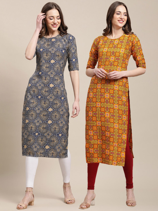 7Threads Women Pack Of 2 Navy Blue & Mustard Yellow Printed Straight Crepe Kurta