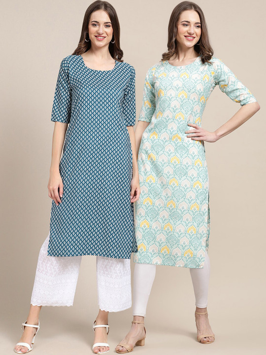 7Threads Women Pack of 2 Printed Summer Sheers Crepe Kurta