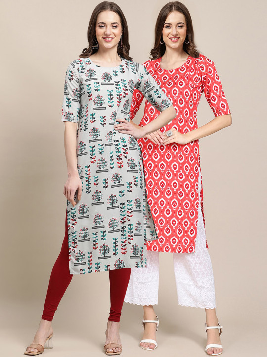 7Threads Women Pack of 2 Geometric Printed Crepe Kurtas