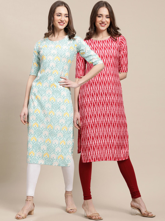 7Threads Women Pack Of 2 Blue & Red Ethnic Motifs Printed Summer Sheers Crepe Kurta