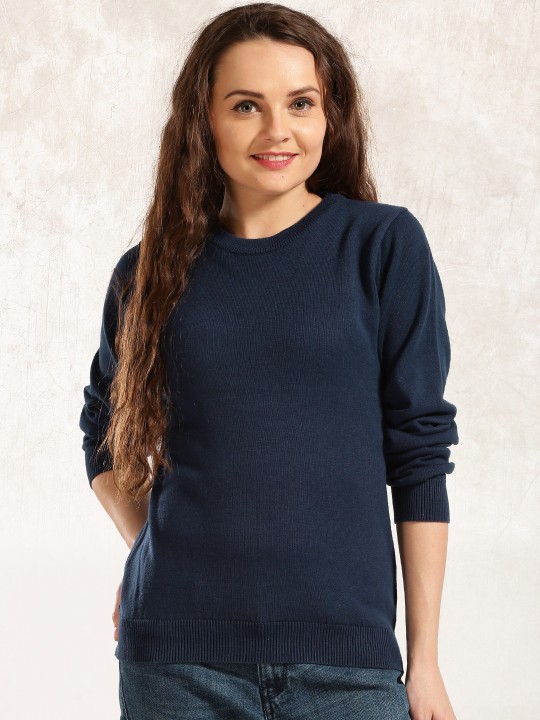 Women Navy Blue Solid Pullover S