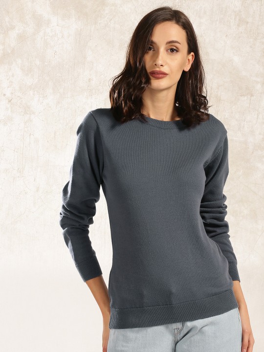 Women Blue Solid Pullover Sweater S