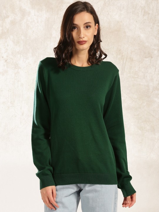 Women Green Solid Pullover Sweater S